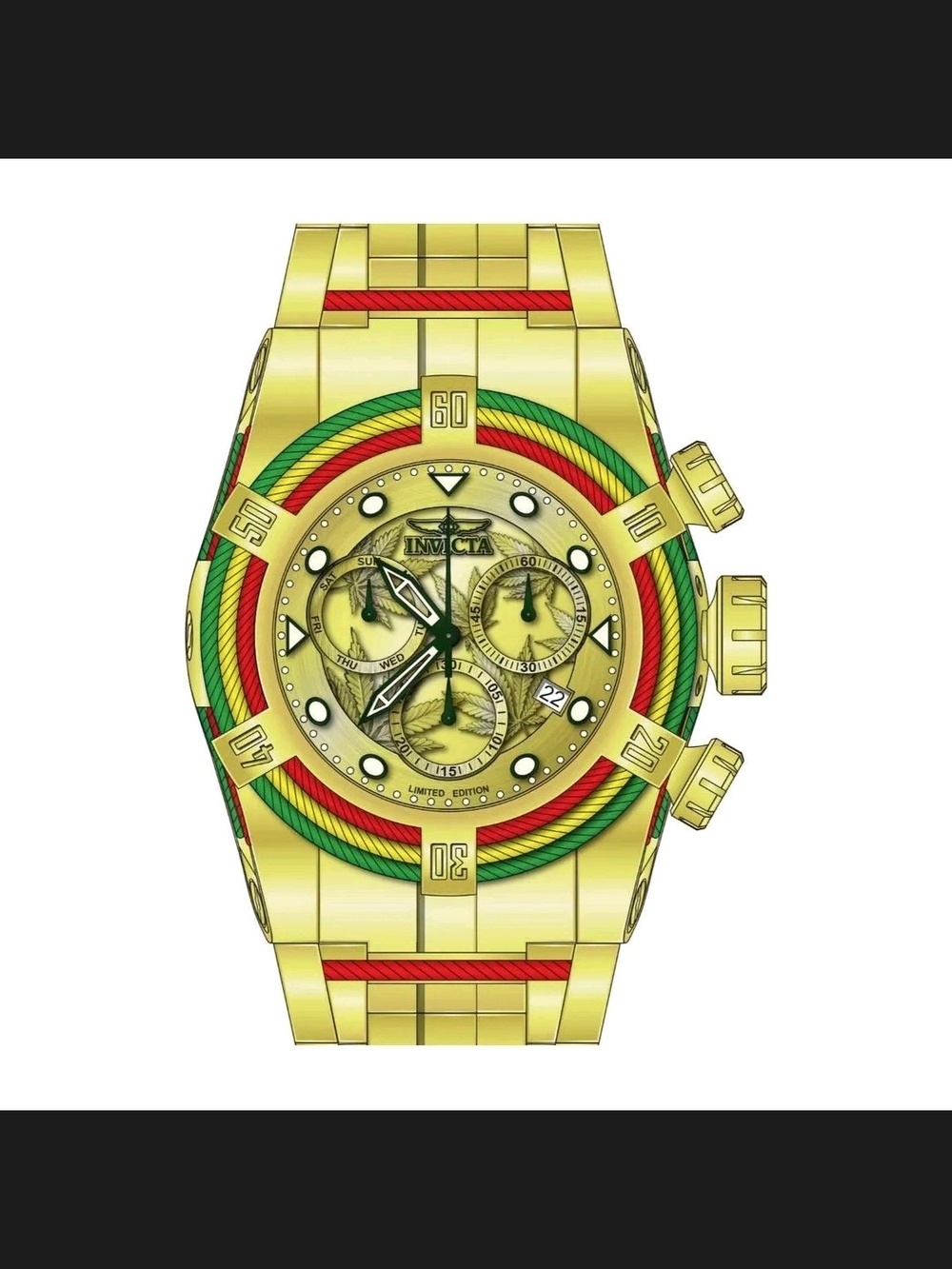 Invicta Gold Tone Chronograph Watch with Red & Green Accents